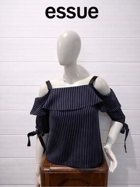 ESSUE – Navy and white pinstripe cold-shoulder top, size M.
